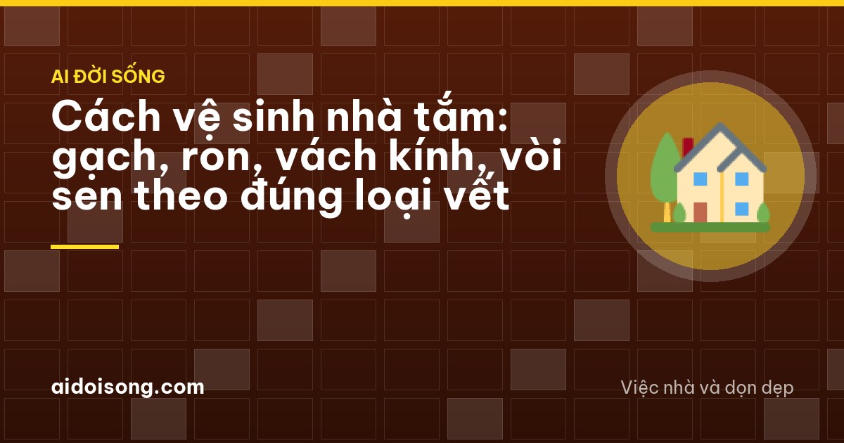 Hands in rubber gloves scrubbing grout lines between pale wall tiles with a small brush in a compact bathroom in Hai Phong, window open, glass shower screen beaded with water